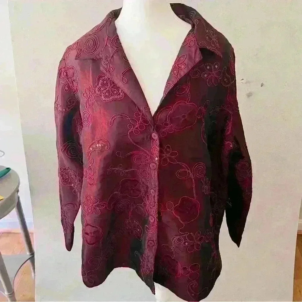 SUSAN GRAVER PLUS 1X EMBROIDERY ARTISTIC WHIMISICAL LINED LIGHTWEIGHT JACKET‎